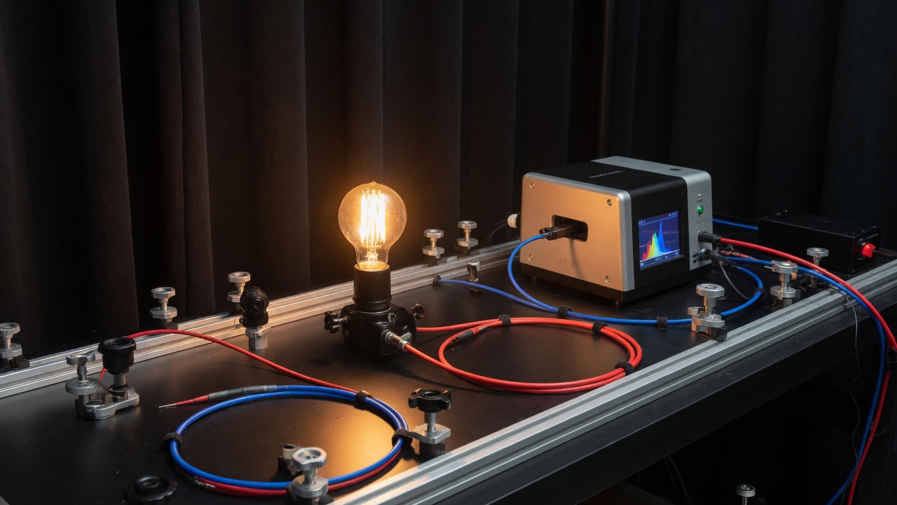 Meetbank met een brandende lamp en meetapparatuur
