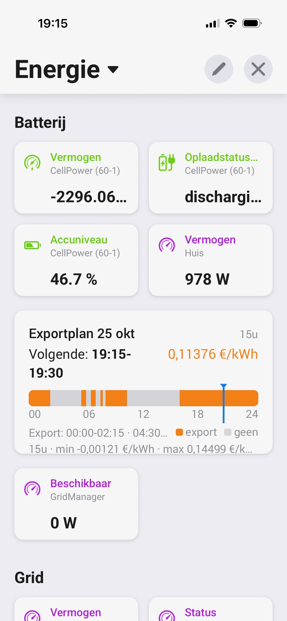 Telefoonscherm van het Homey-dashboard Energie, met batterij, huis en net